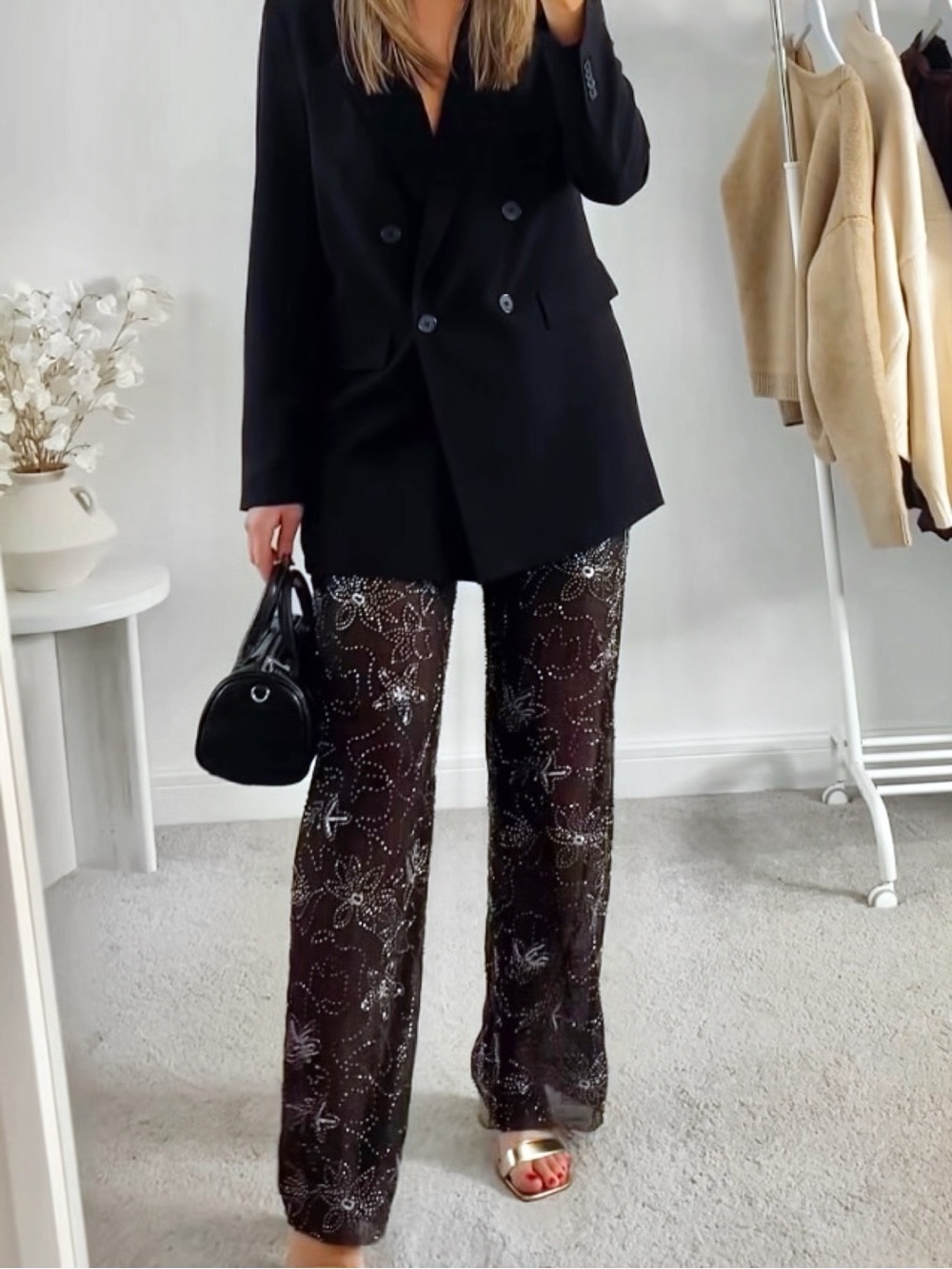 ZARA Black Sheer Wide-Leg Sequin Silver Embellished Pants! 🖤